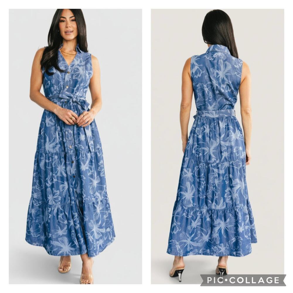 Baltic Born Rocio Soft Denim Dress Sleeveless Belted Shirt Dress Size Large
